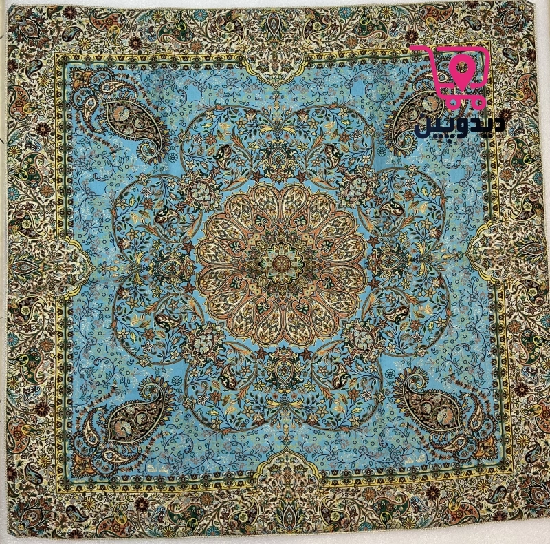 رومیزی ترمه یک در یک متر طرح سنتی رنگ آبی فیروزه ای