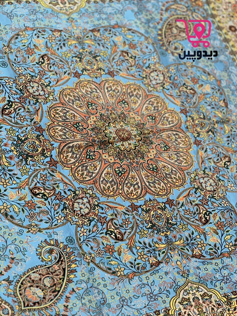 رومیزی ترمه یک در یک متر طرح سنتی رنگ آبی فیروزه ای