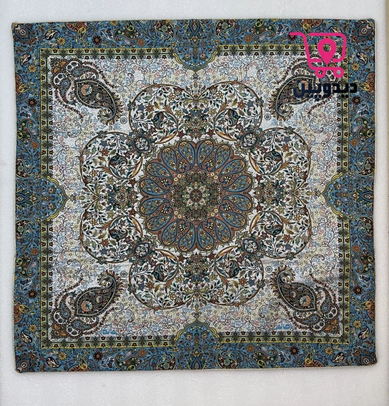 رومیزی ترمه یک در یک متر طرح سنتی رنگ طوسی آبی