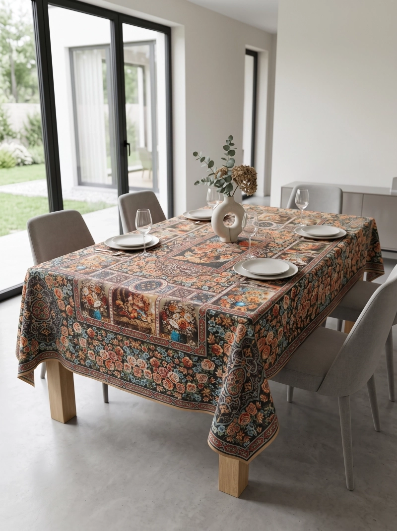 رومیزی 6 نفره ابعاد 155 در 200 طرح چاپی برند رضوانی کد 3001